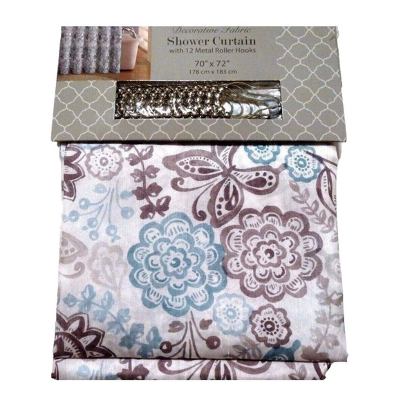 Butterfly Floral Shower Curtain with Hooks Purple Blue on White Bath Polyester - Picture 1 of 2